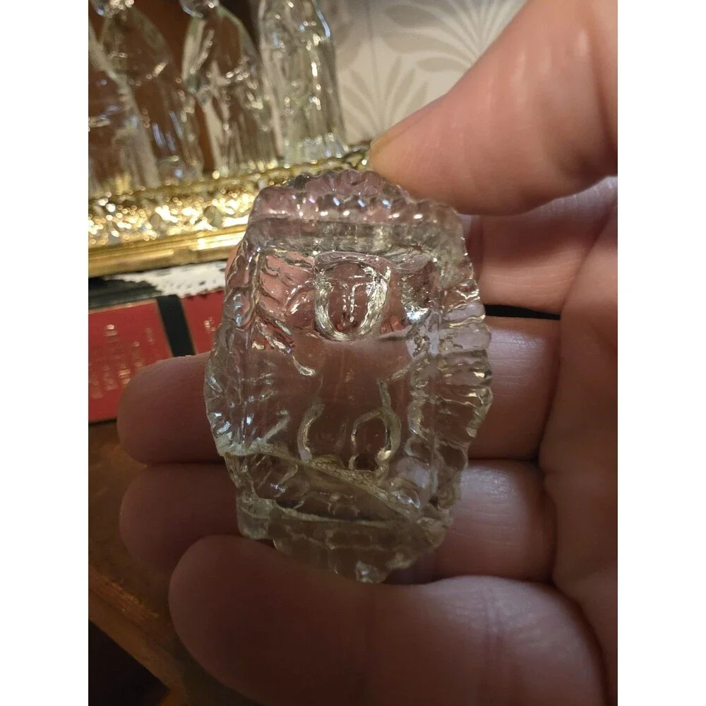 Vintage 6 Piece Clear Glass Nativity Set Hollow Base Holy Family Wise Men Vtg